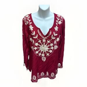 Scully Embroidered Peasant Blouse Womens Large Red Boho Western Long Sleeve